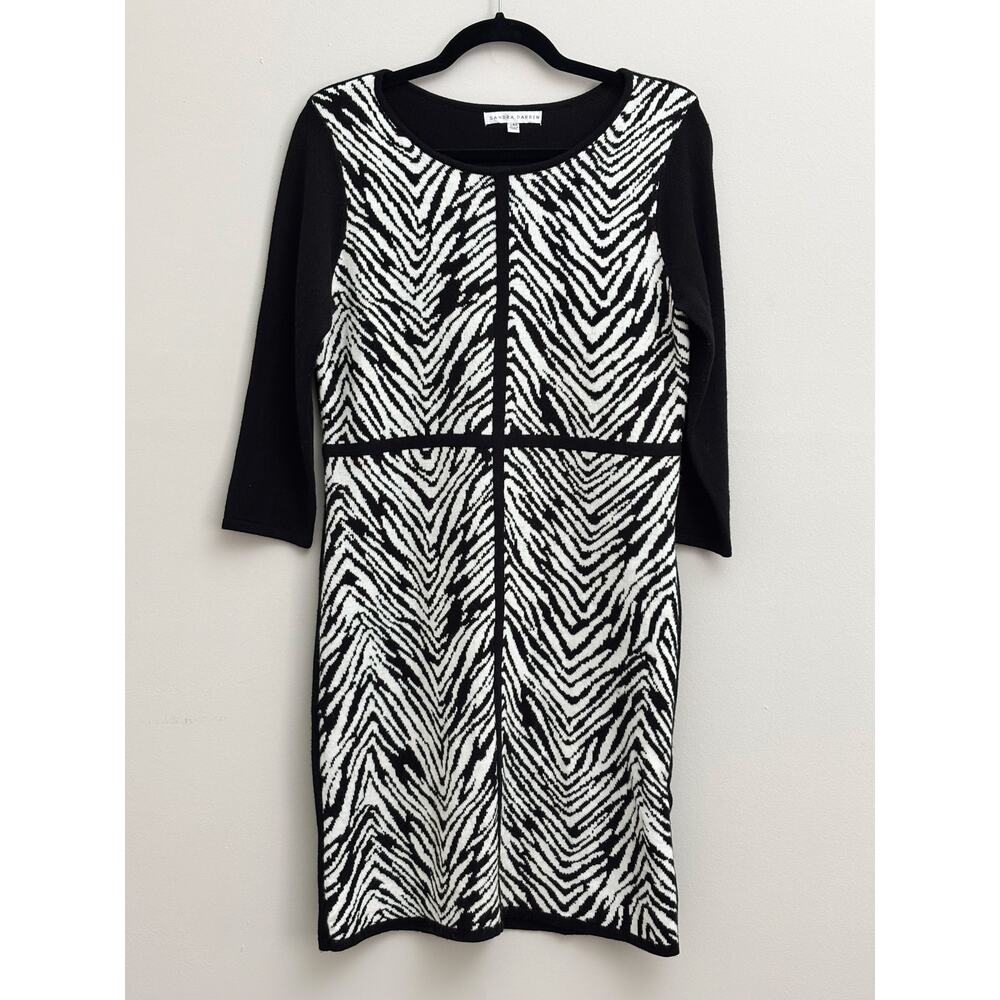 Black & White Zebra Animal Print Long Sleeve Midi Soft Sweater Shift Dress-Large